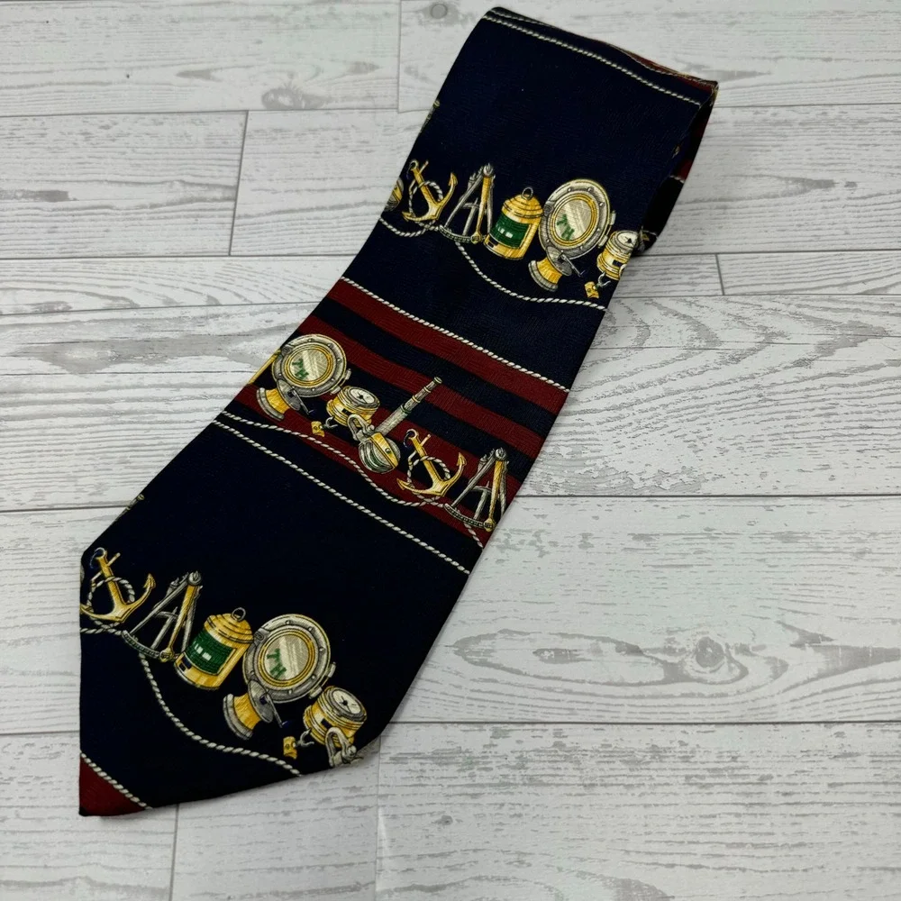 Tommy Hilfiger Mens Nautical Anchor Ship Wheel Tie Navy Red Silk Blend‎